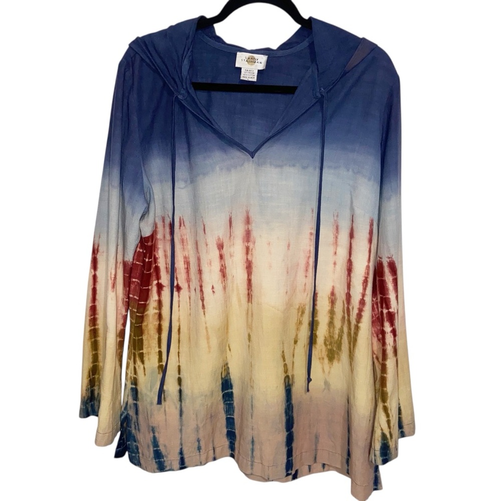 Sandy Starkman Hoodie Top Womens Large Beachy Hippie Boho Bohemian Ombre Tie Dye